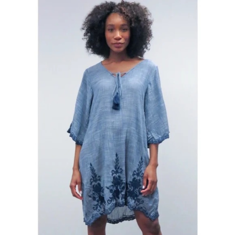 Kyla Seo embroidered cotton chambray, indigo, lightweight dress, size L coverup